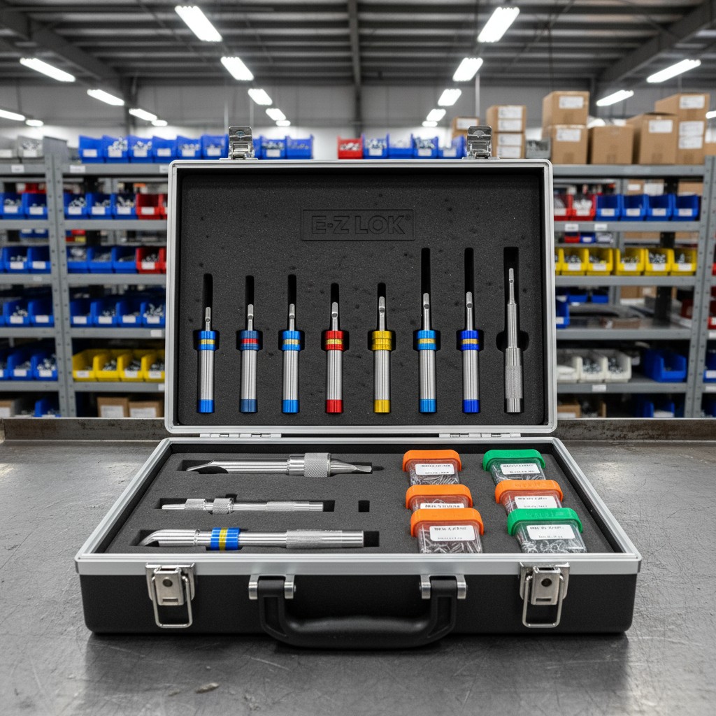 Alt text: Metal toolbox with a variety of colored machinery and size tools.