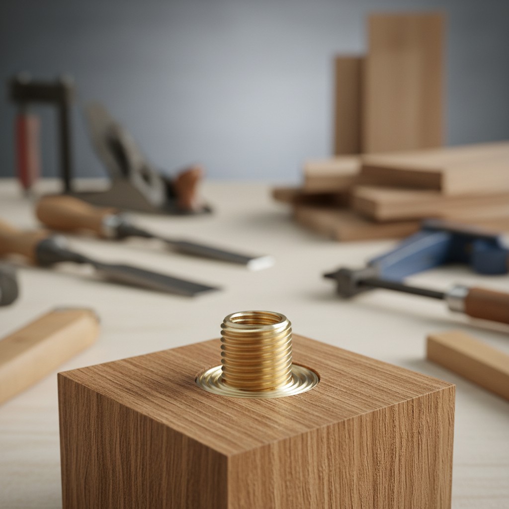 The image depicts a wooden block with a brass screw in the middle on a workbench surrounded by various tools, suggesting a...